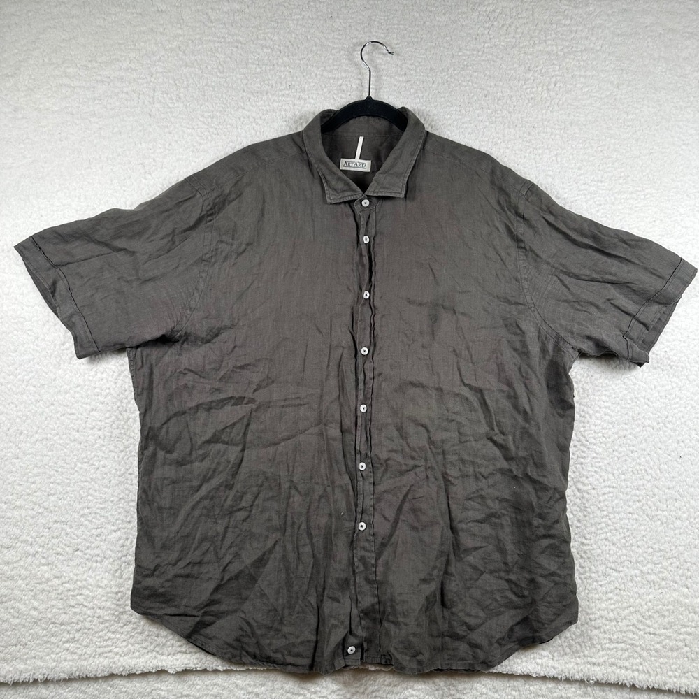 ArtArta Button Down Shirt Men 100% Linen Short Sleeve 5XL Gray Lagenlook Coastal